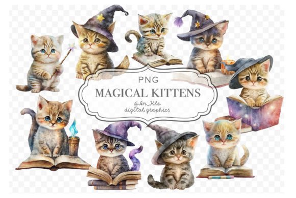 Enchanting Kitten Witch Magical Watercolour Clipart for Designers