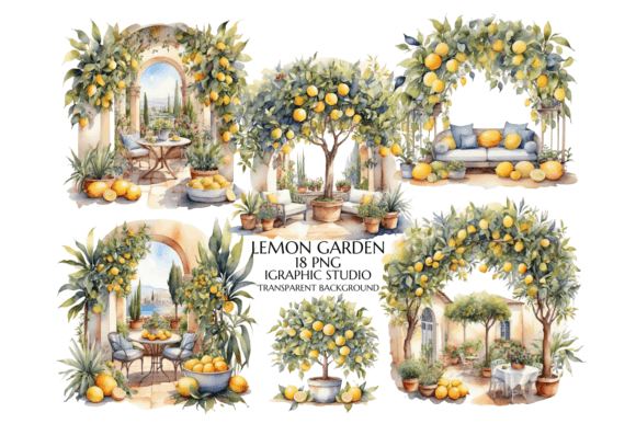 Watercolour Italian Lemon Garden: Sun-Drenched Digital Art